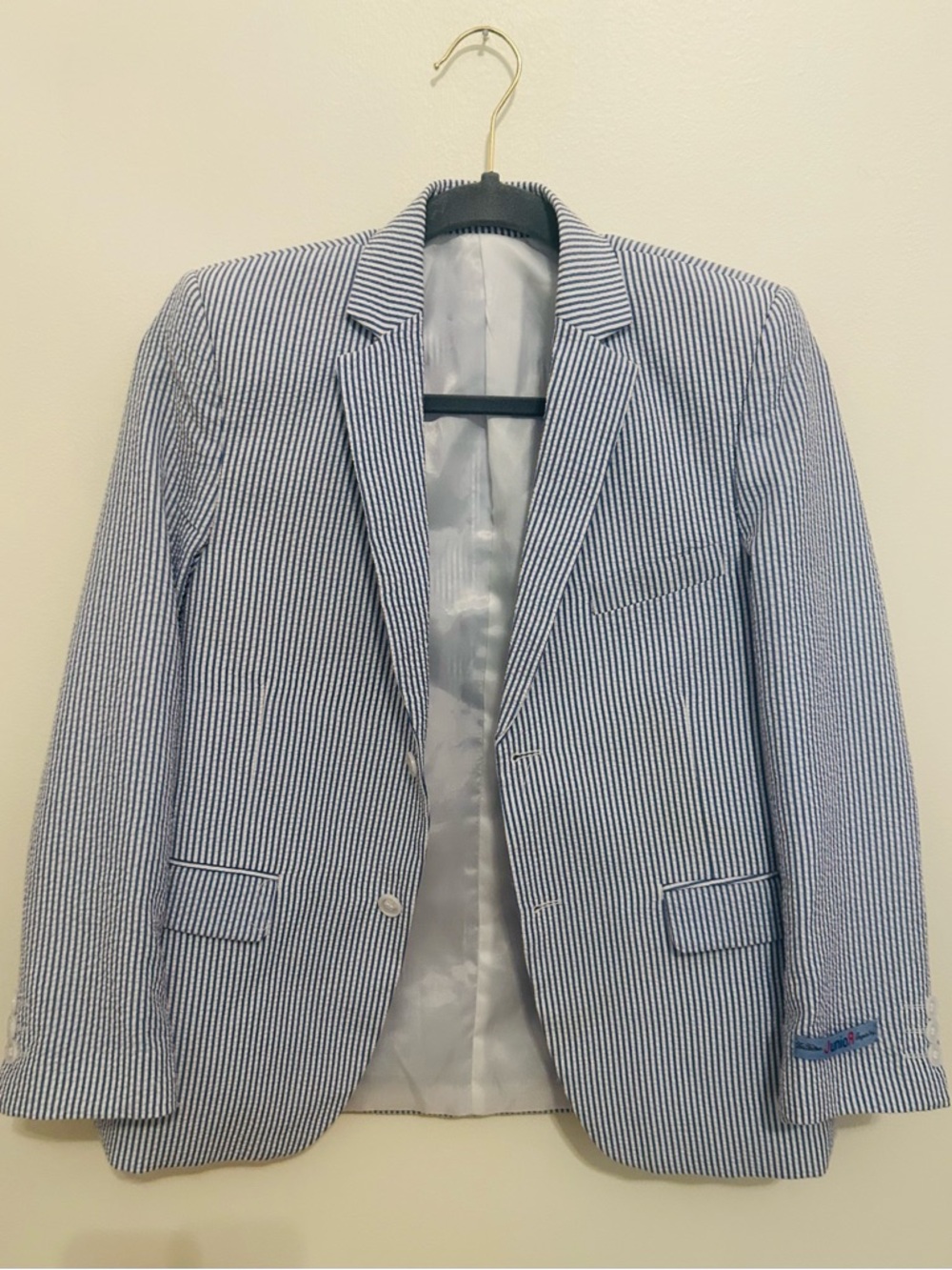 Art Hoffman Boys Size 12 Blue Seersucker Blazer Jacket Designed In Italy